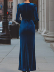 Elegant Midnight Blue Velvet Wrap Midi Dress