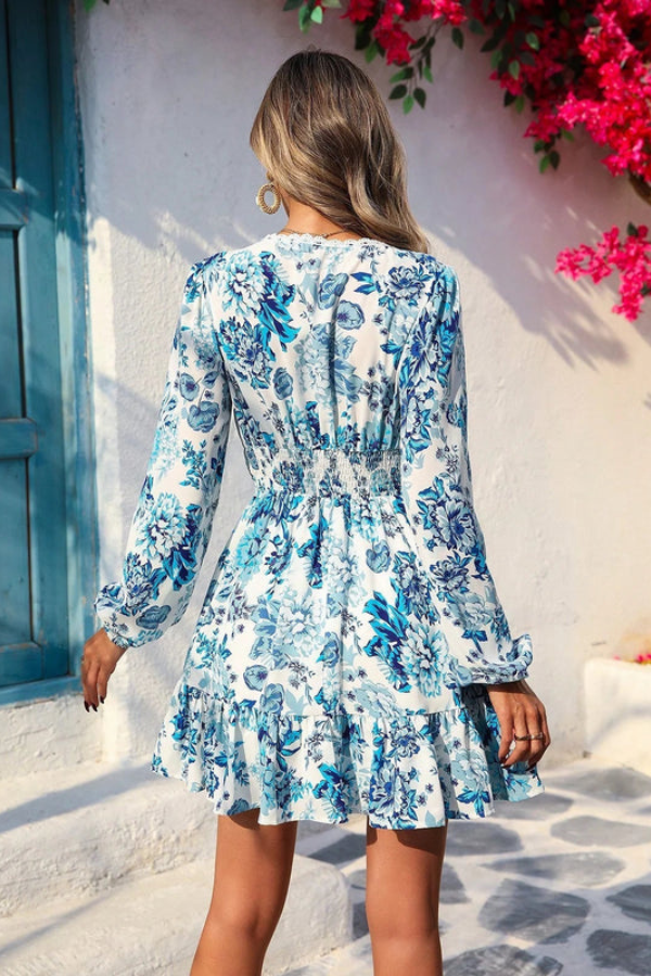 Floral V Neck Flounce Dress
