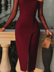 Burgundy One-Shoulder Midi Dress With Sheer Mesh Sleeves