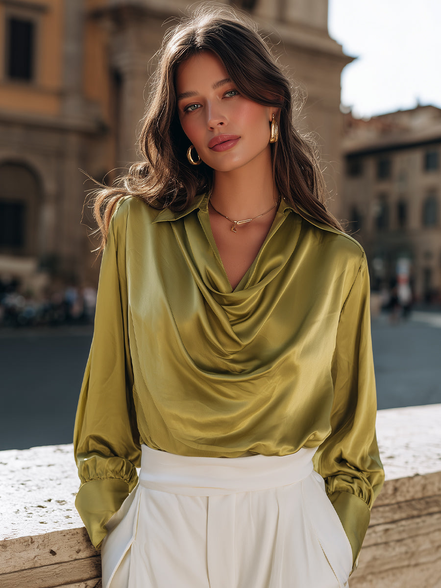 Elegant Olive-green Draped Satin Blouse