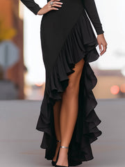 Asymmetric High-Neck Ruffled Evening Dress