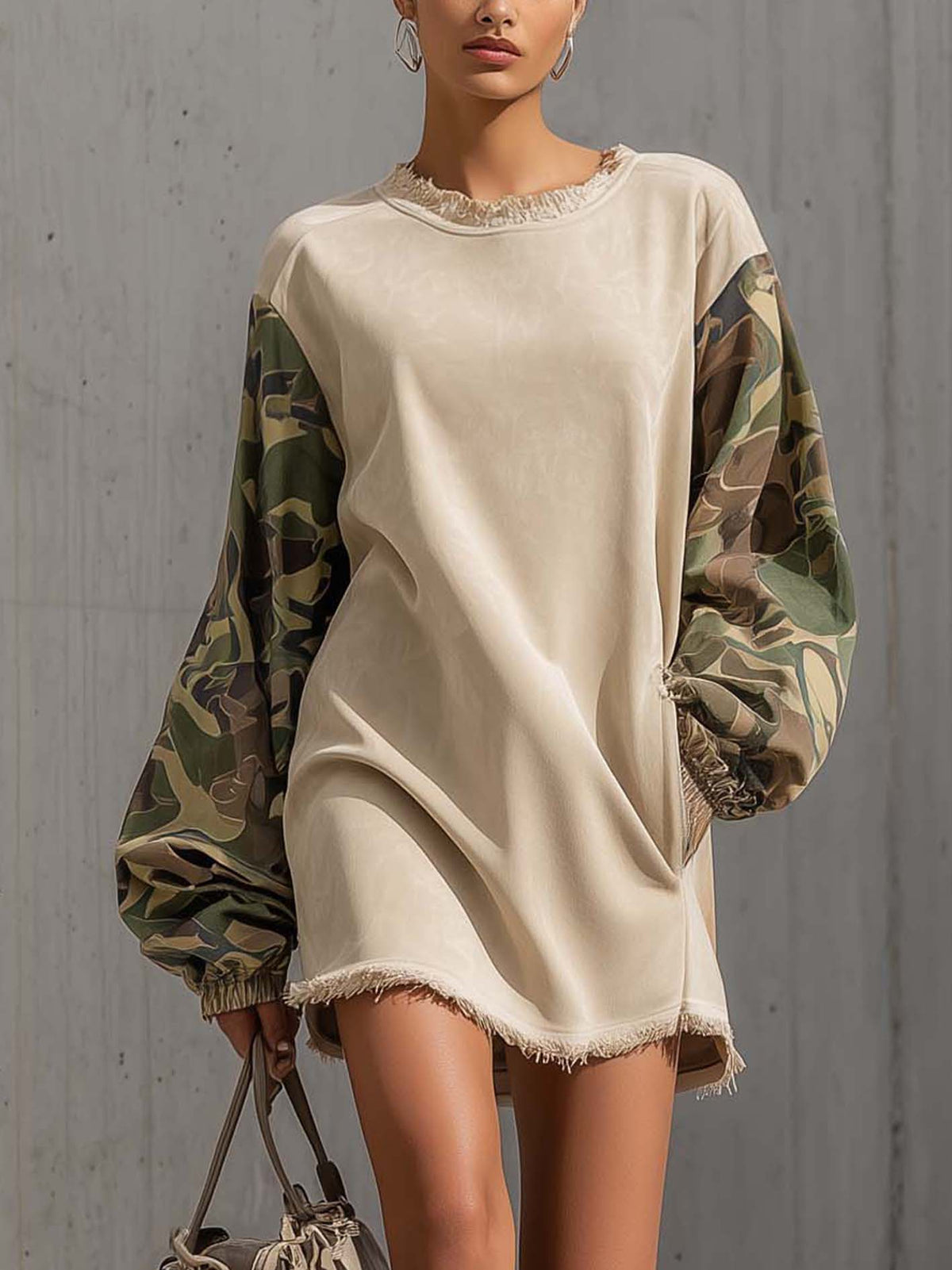 Beige Faux Suede Mini Dress With Camouflage Patchwork Sleeves
