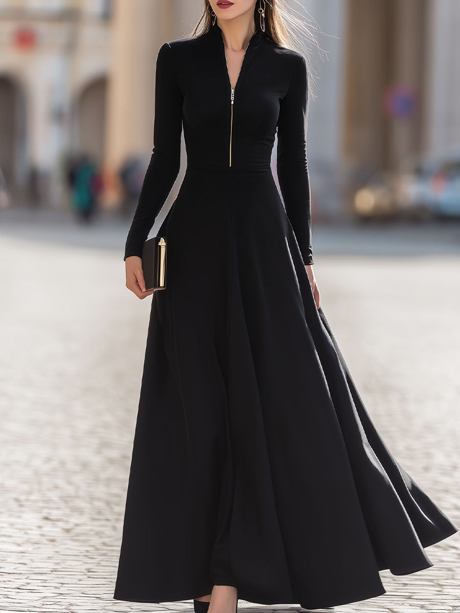 Black Long Sleeve Zip-Front Maxi Dress - Timeless Elegance For Formal Glamour