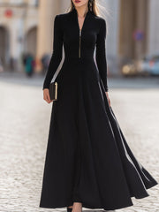 Black Long Sleeve Zip-Front Maxi Dress - Timeless Elegance For Formal Glamour