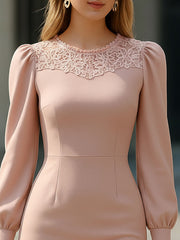 Elegant Blush Pink Lace-Trimmed Puff Sleeve Sheath Dress