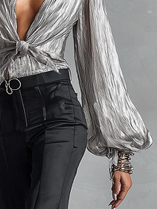Metallic Silver Deep V-Neck Blouse With Puff Sleeves And Front Tie