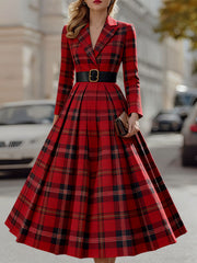 Mooyius Statement Red Plaid Trench Dress With Gold Buckle Belt