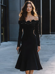 Black Off-Shoulder Midi Dress With Floral Embellishment