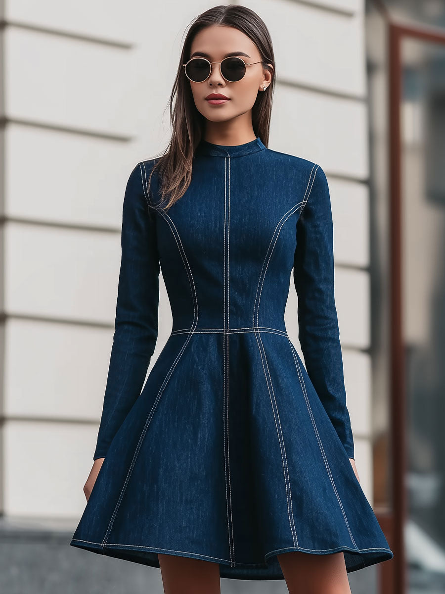 Chic Navy Denim Contrast-Stitch Mini Dress