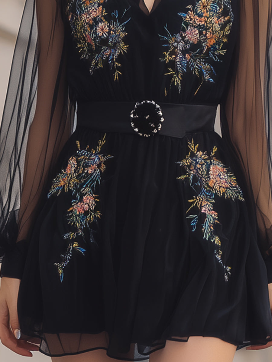 Floral Embroidered Sheer Black Dress With Cinched Waist