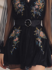 Floral Embroidered Sheer Black Dress With Cinched Waist