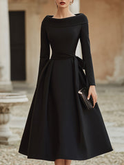 Elegant Off-Shoulder Midi Dress With Draped Collar And Waist Tie