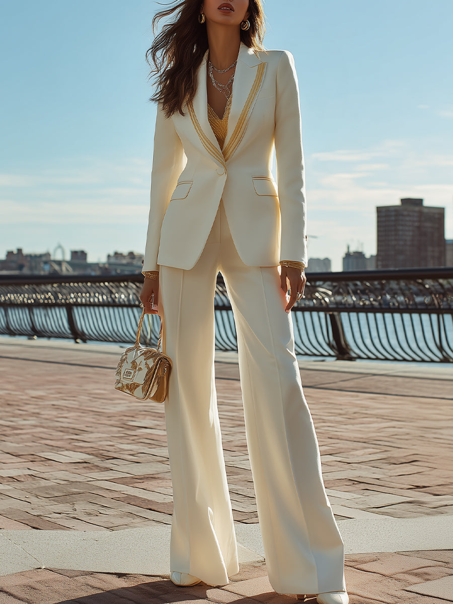 Tailored Embellished Lapel Blazer And Wide-Leg Trouser Suit
