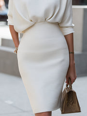 White Textured Knit Pencil Dress With Draped Waist