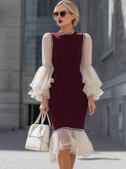 Burgundy Ruffle Hem Dress With Sheer Layered Sleeves