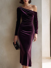 Burgundy One-Shoulder Velvet Midi Dress