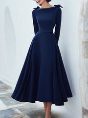 Navy Bow-Shoulder Long-Sleeve Midi Dress