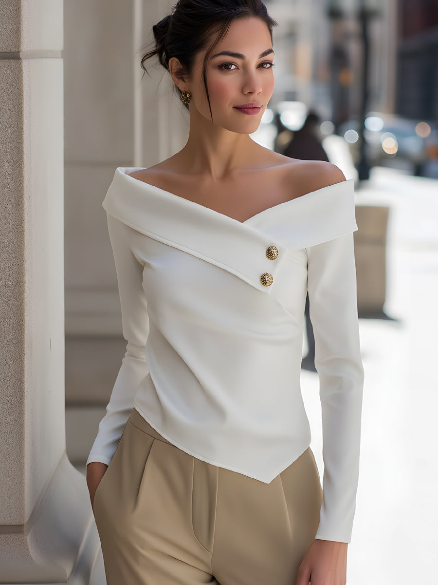 Off-Shoulder Asymmetric Button Detail Top