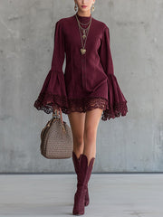 Wine Red Flared-Sleeve Button-Front Mini Dress With Lace Hem
