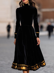 Elegant Velvet Midi Dress With Gold Trim