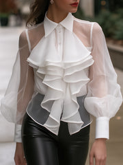 Layered Ruffle Sheer-Sleeve Blouse