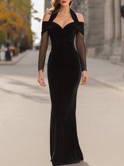 Velvet Off-Shoulder Mesh-Sleeve Evening Gown