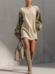 Beige Faux Suede Mini Dress With Camouflage Patchwork Sleeves