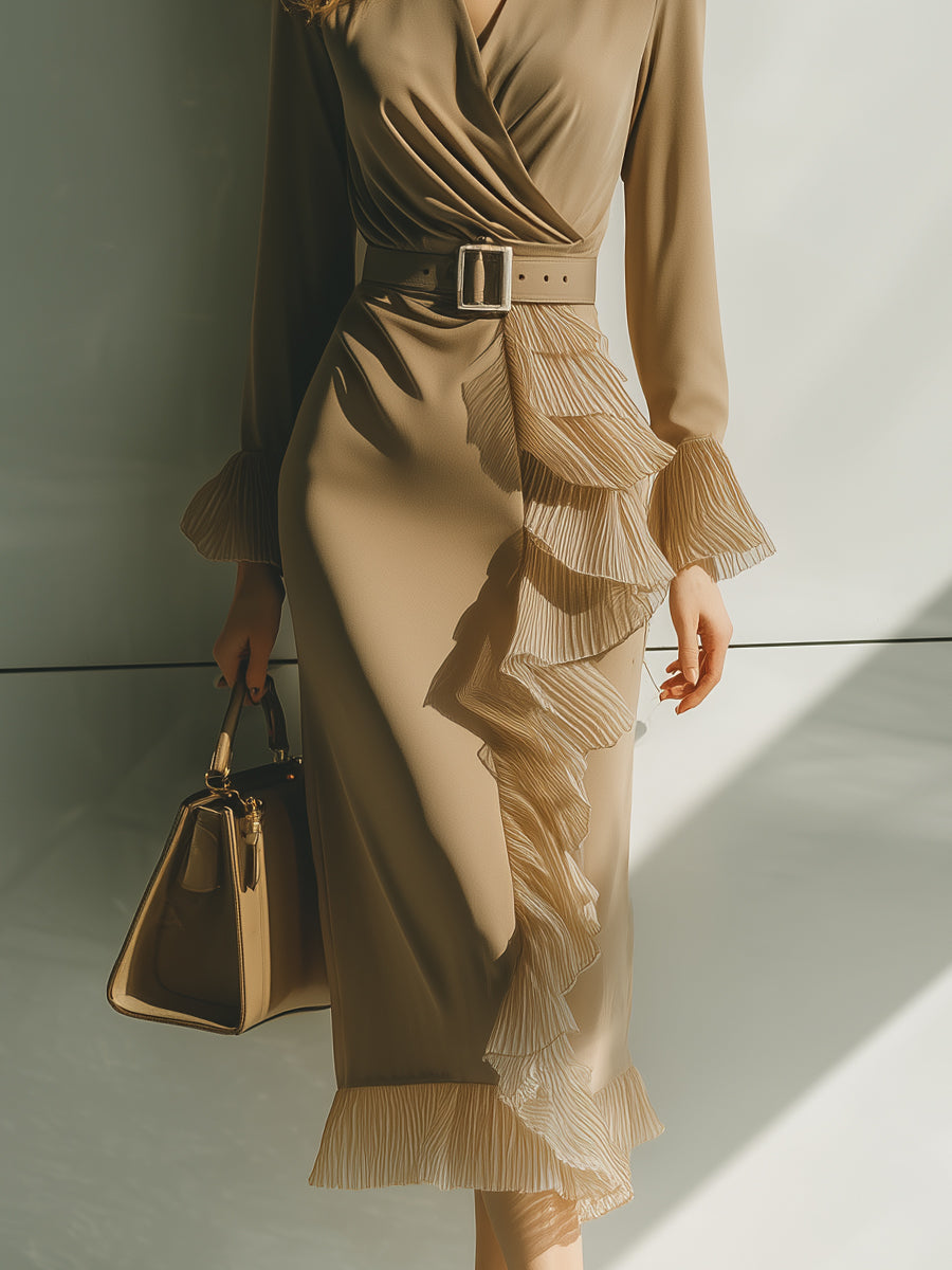 Khaki Long-Sleeve Wrap Midi Dress With Pleated Ruffle Trim