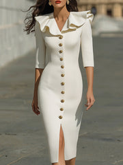 Elegant Ruffled Collar Button-Front Midi Dress