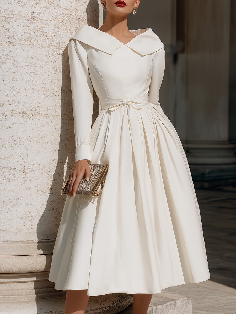 Pleated Midi Dress With Sculpted Collar