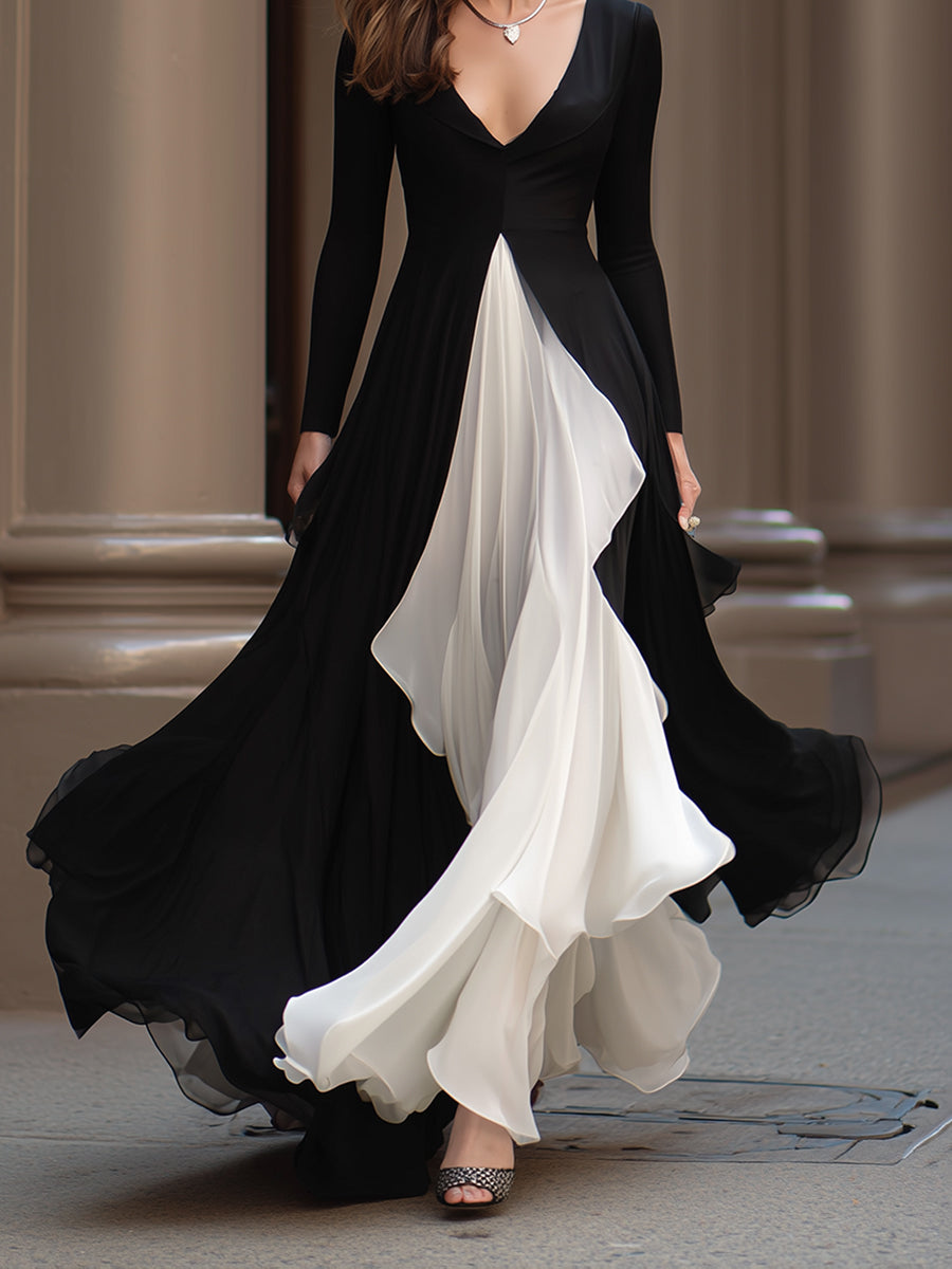 Monochrome Flowing Evening Gown With Contrast Panels