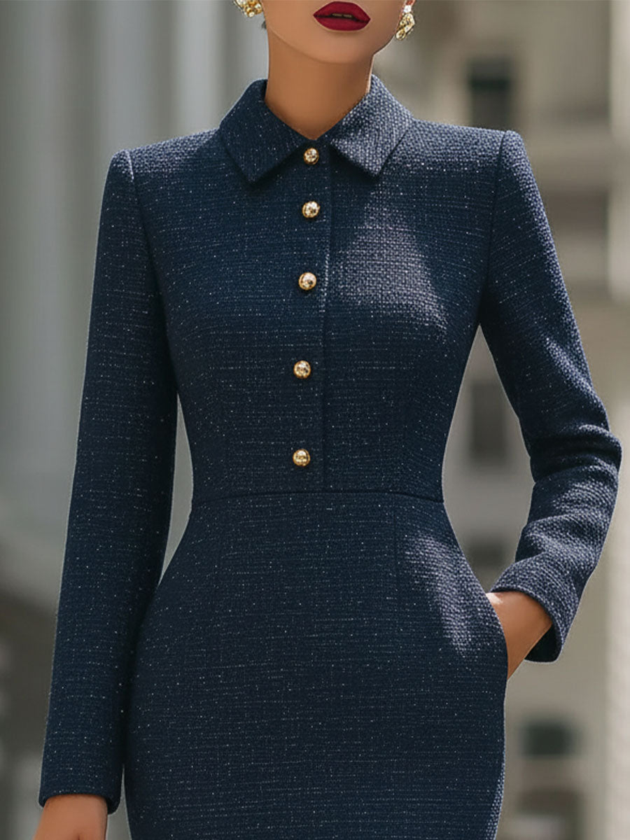 Elegant Navy Tweed Collared Midi Sheath Dress With Gold Accents