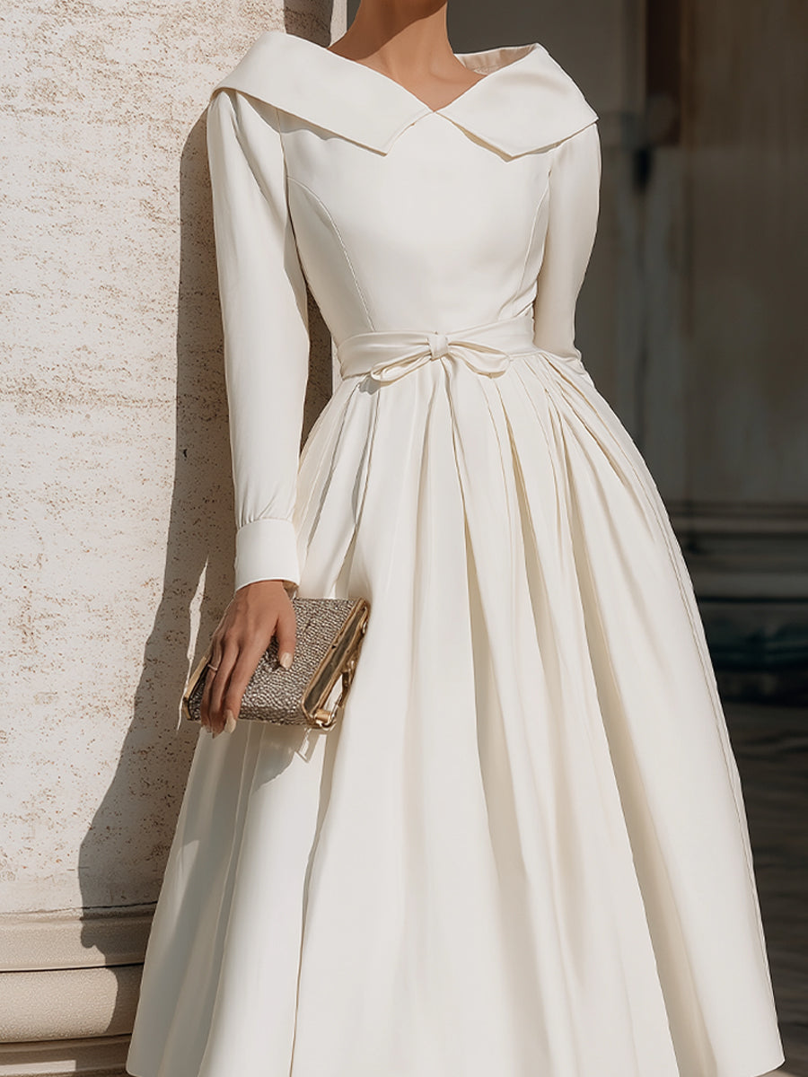 Pleated Midi Dress With Sculpted Collar