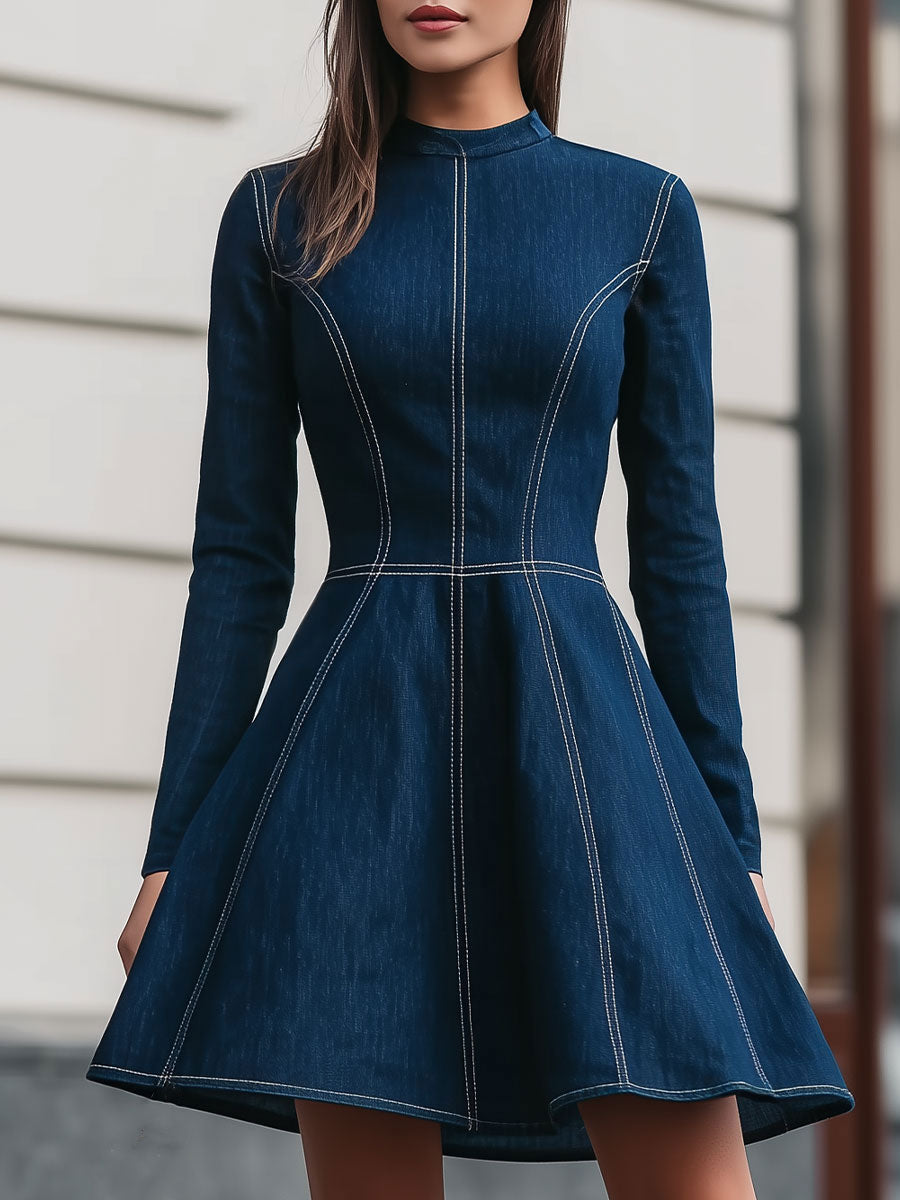 Chic Navy Denim Contrast-Stitch Mini Dress