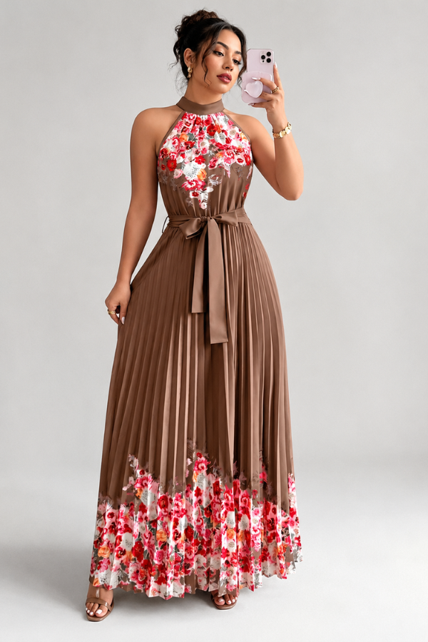 Floral Pleated Square Neck Midi Dresses