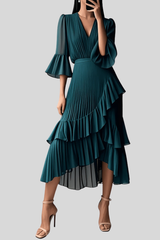 Ruffle Pleated Midi Dresses Elegant