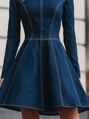 Chic Navy Denim Contrast-Stitch Mini Dress