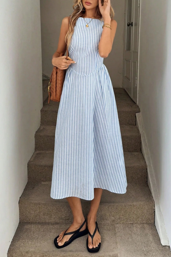 Striped Pleated Halter Neck Midi Dresses