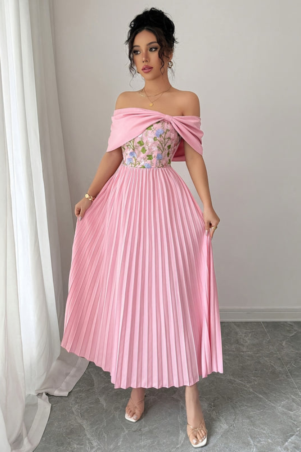 Embroidered One Shoulder Pleated Midi Dresses