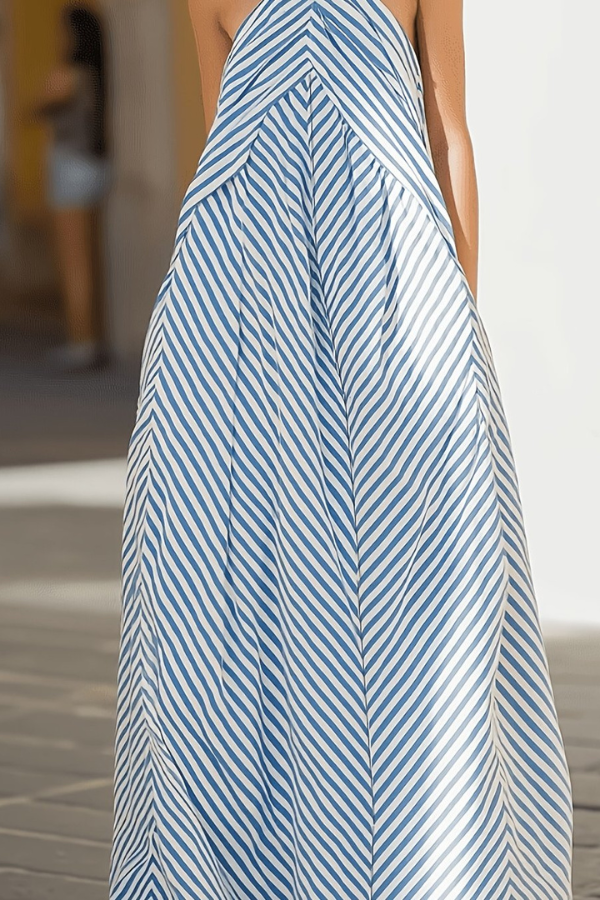 Striped Halter Neck Keyhole Maxi Dresses
