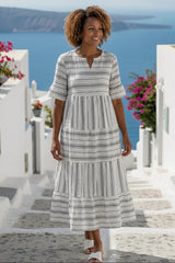 Striped Tiered Midi Dress With Short Sleeves