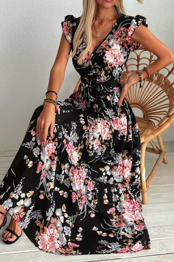 Belted Floral Print Swing Dress Elegant