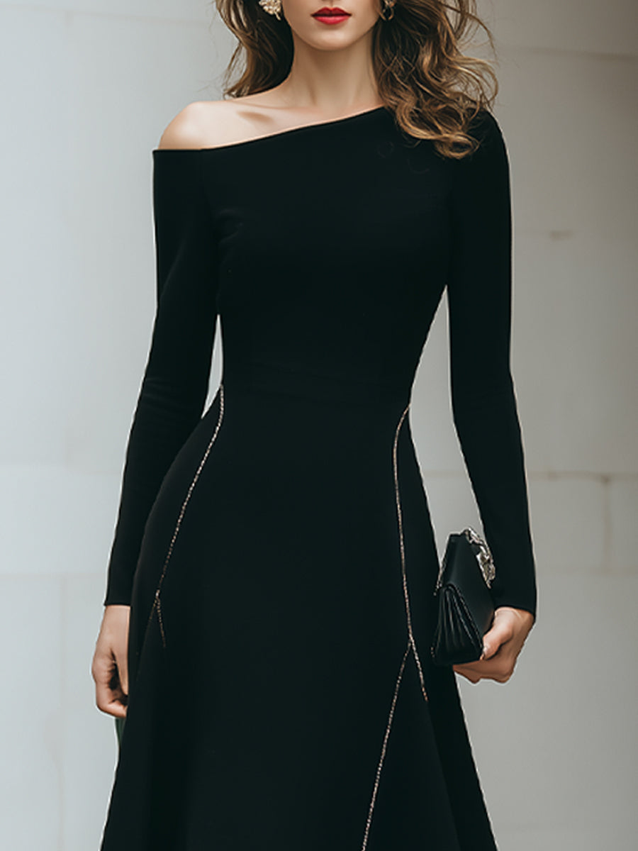 Black Off-Shoulder Midi Dress With Side Zipper Detail