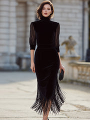 Elegant High-Neck Fringe Hem Evening Dress
