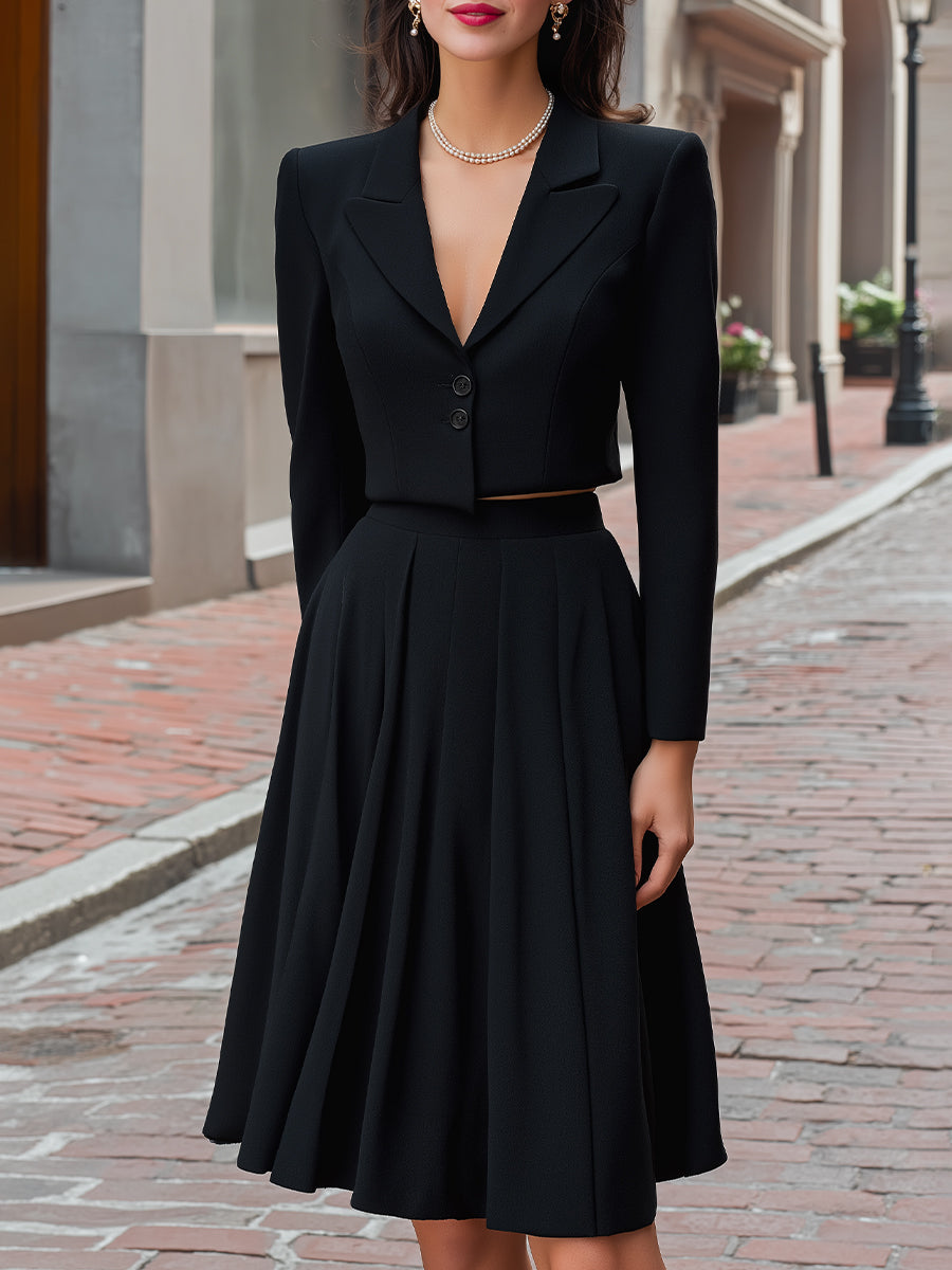 Cropped Blazer And A-Line Midi Skirt Set