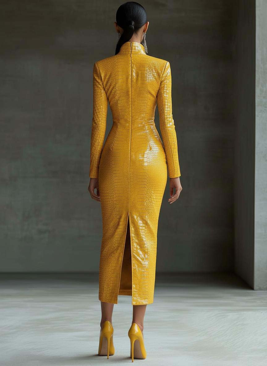 Stylish Yellow Textured Faux Leather Midi Bodycon Dress With Zipper