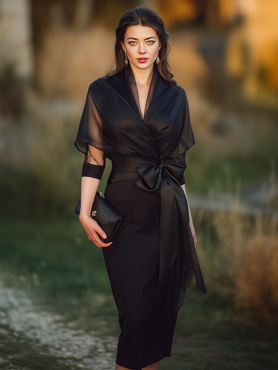 Draped Sheer Overlay Evening Gown With Sculpted Waist Tie