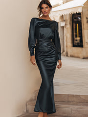 Elegant Draped Satin Long Sleeve Maxi Dress