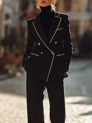 Black Pinstripe Double-Breasted Suit With Contrast Piping