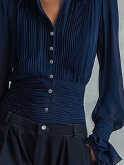 Navy Pleated Button-Up Blouse With Ruffled Cuff Sleeves